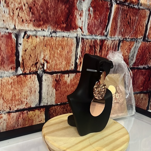 Rose Gold Textured Disc Drop Earrings - Picture 5 of 9